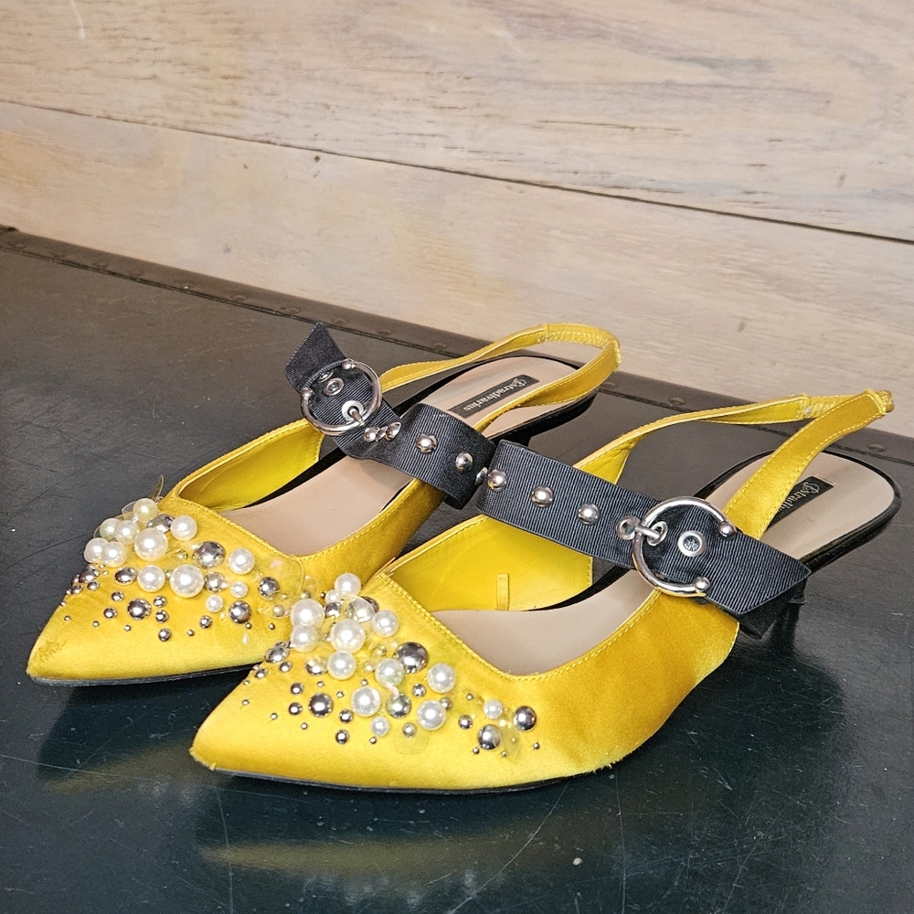 Yellow Satin Buckle Mary Jane Kitten Heel Pearl Bejeweled Iridecent Ganni